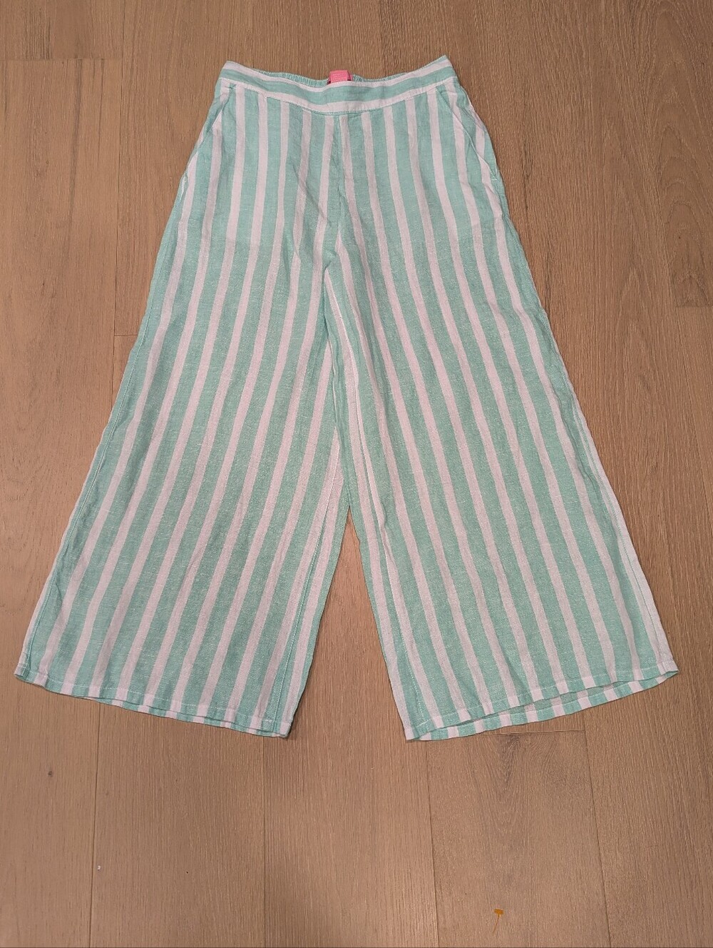 Teal and White Striped Cropped Wide-Leg Linen Pants